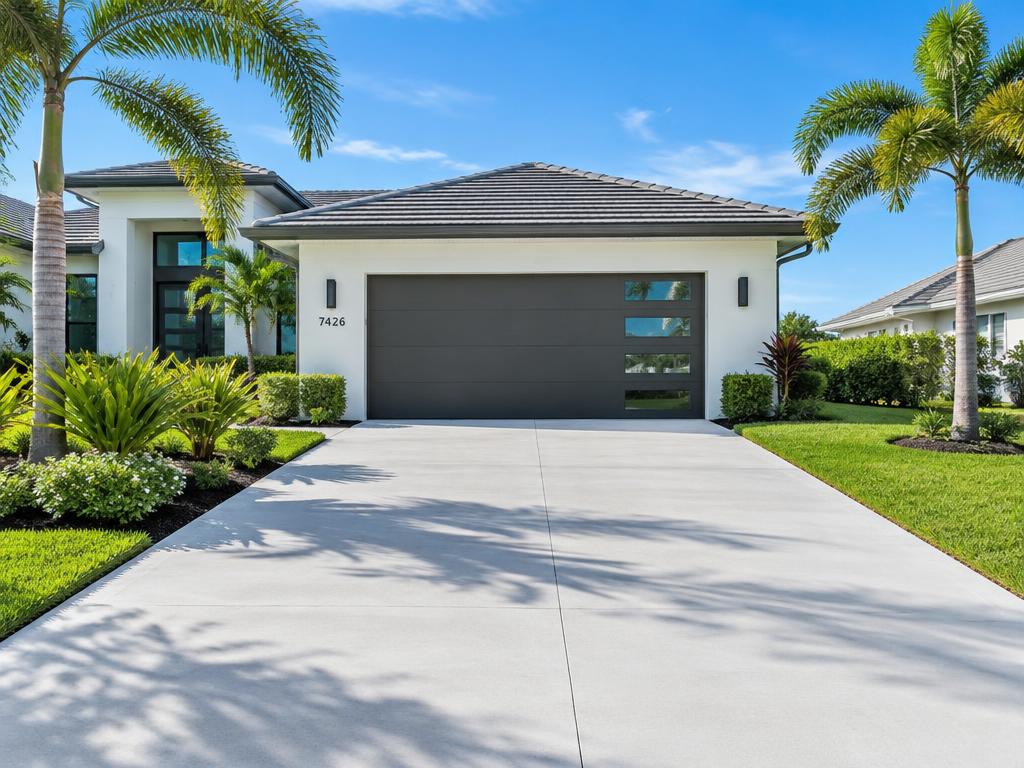 Bright clean concrete driveway leading to a modern Florida home