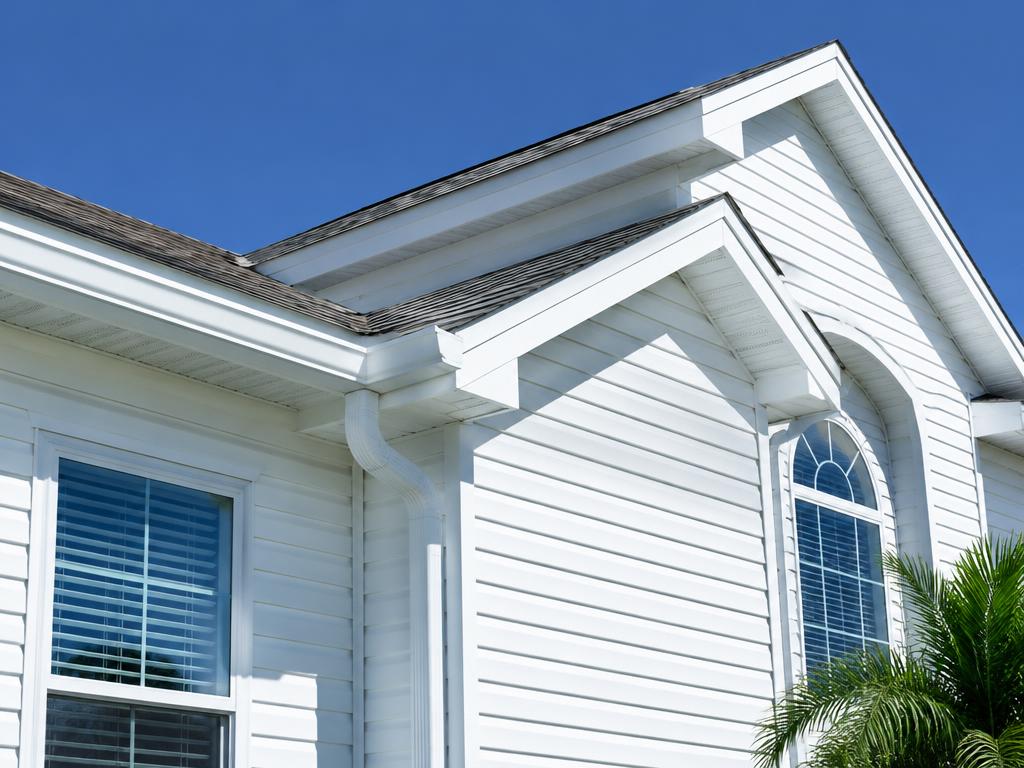 Freshly cleaned white siding and soffits on a Florida house