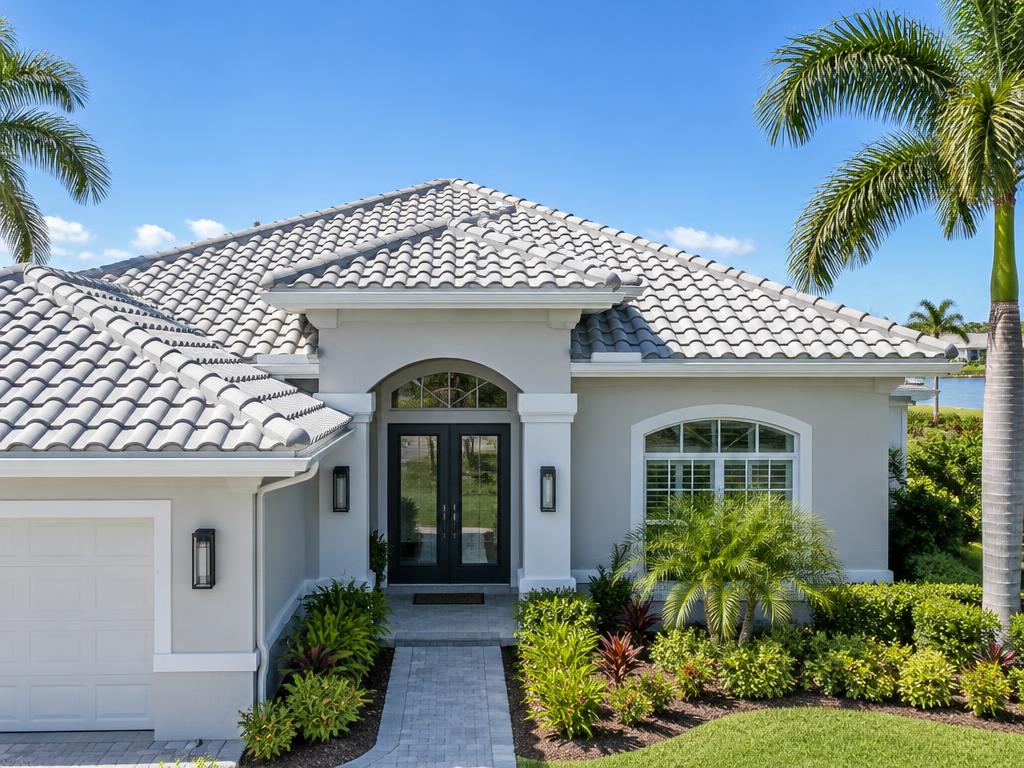 Clean light gray tile roof on a Florida home under blue sky